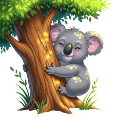 Cute cartoon koala hugging a tree trunk with green foliage
