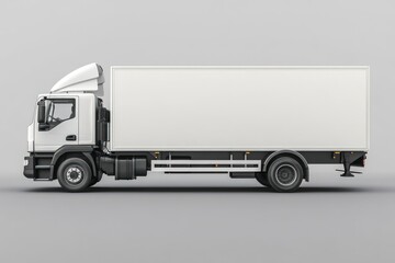 Side view of a white, modern, blank cargo truck on a neutral gray background