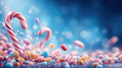 Festive image of a candy cane & assorted sweets floating against a blurred, bokeh-filled background