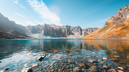 The Changbaishan Tianchi: A Majestic Volcanic Crater Lake on the China-North Korea Border in Jilin, China—Boasting Crystal-Clear Blue Water, Surrounded by Snow-Capped Peaks & Coniferous Forests, Ideal