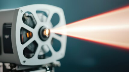A close-up of a film projector emitting a bright beam of light, showcasing its intricate design and mechanical components.
