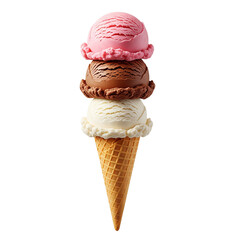 Triple scoop ice cream cone with strawberry chocolate and vanilla flavors