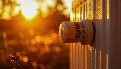 Radiator with thermostat detail in sunlight glow, household heating comfort, domestic seasonal interior design, nostalgic arrangement photographed with warm artistic composition and aesthetic charm.