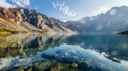 The Changbaishan Tianchi: A Majestic Volcanic Crater Lake on the China-North Korea Border in Jilin, China—Boasting Crystal-Clear Blue Water, Surrounded by Snow-Capped Peaks & Coniferous Forests, Ideal