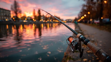Fishing rod angled over calm water at sunset, with city lights in the distance