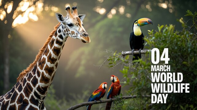 International wildlife awareness day poster featuring majestic animals in lush greenery.