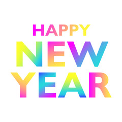 A bright neon Happy New Year sign on a transparent background. The colorful gradient sign shimmers with different colors. Suitable for party designs, posters, and greetings
