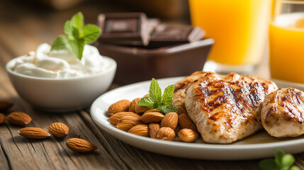 Healthy Nutrition: Grilled Tyrosine-Rich Foods Plate Close-Up for Wellness and Diet Planning