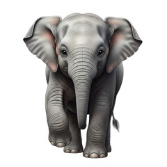 Adorable baby elephant with large ears walks forward on black background