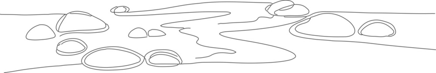 Simple Line Drawing River Stream with Stones and Banks Illustration