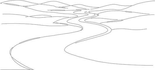 Simple Outline Drawing of Landscape Scenery with River and Hills Illustration