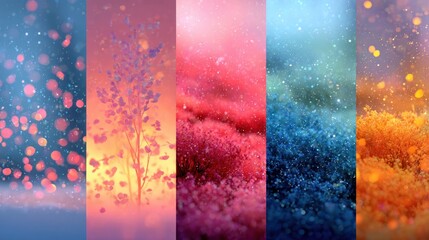 Five vertical panels showcasing dreamy, abstract scenes with soft color gradients and glittery effects