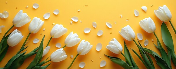 White tulips and petals scattered across a vibrant yellow background, creating a floral composition