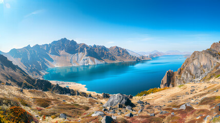The Changbaishan Tianchi: A Majestic Volcanic Crater Lake on the China-North Korea Border in Jilin, China—Boasting Crystal-Clear Blue Water, Surrounded by Snow-Capped Peaks & Coniferous Forests, Ideal