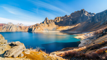 The Changbaishan Tianchi: A Majestic Volcanic Crater Lake on the China-North Korea Border in Jilin, China—Boasting Crystal-Clear Blue Water, Surrounded by Snow-Capped Peaks & Coniferous Forests, Ideal