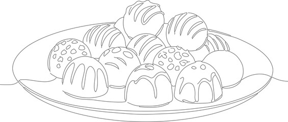 Continuous Line Drawing Chocolate Truffle on a Plate Sweet Dessert