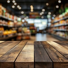 Wooden table foreground with blurred grocery store aisles and products in soft focus background