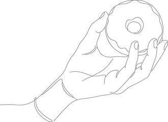 Black and White Outline Hand Holding Donut Dessert Food Illustration
