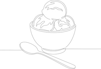 Simple Outline Ice Cream Dessert in Bowl With Spoon Illustration