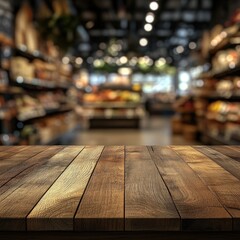 A blurred grocery store background from behind a rustic wooden table