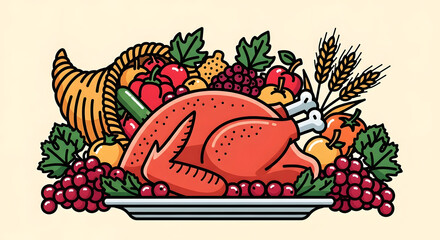 Thanksgiving feast line-art. Bold illustrations of a roasted turkey, cornucopia, grapes, and wheat stalks. Rich and festive color palette of cranberry red, harvest gold, and deep green