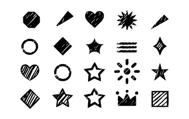 Collection of hand drawn doodle shapes and icons including stars hearts circles and geometric forms