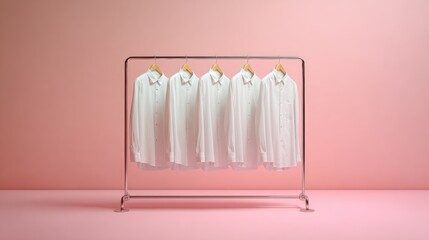 Five white dress shirts neatly hung on a chrome rack against a pink background