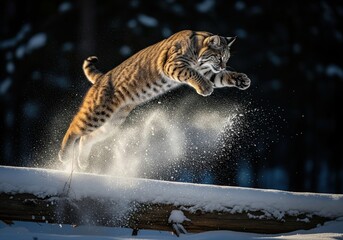 Wild bobcat jumping in fluffy powder snow and creating a dynamic splash in a winter forest