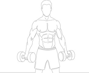 Line Art Illustration of Muscular Man Exercising with Dumbbells Bodybuilding