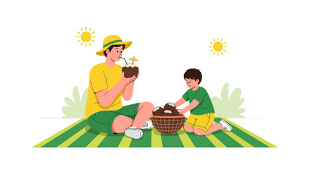 Father and son enjoy a tropical picnic with coconuts on a sunny day illustration
