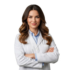 A professional female medical practitioner wearing a white lab coat and blue shirt with arms crossed isolated on transparent background