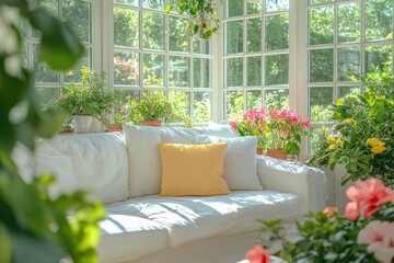 Bright sunroom with white sofa, lush plants, and large windows overlooking a garden