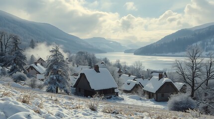 Cozy snowy village nestled beside a frozen lake in the mountains