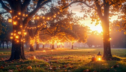 Golden sunlight streaming through autumn forest trees decorated with pumpkins, seasonal festive landscape atmosphere, photographed with nostalgic artistic composition in warm glowing detail.
