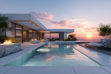Fototapeta premium Modern luxury house with pool at sunset featuring outdoor fire pit and comfortable lounge chairs, creating serene and elegant atmosphere with soft pink sky reflections on water