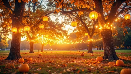 Autumn forest illuminated by glowing lantern-style lights with pumpkins scattered, seasonal festive charm, nostalgic harvest scenery captured in detailed artistic composition with warm aesthetic.