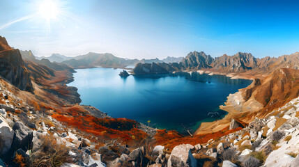 The Changbaishan Tianchi: A Majestic Volcanic Crater Lake on the China-North Korea Border in Jilin, China—Boasting Crystal-Clear Blue Water, Surrounded by Snow-Capped Peaks & Coniferous Forests, Ideal