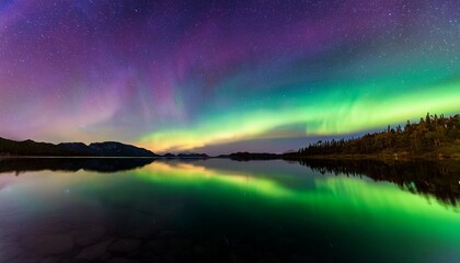 aurora borealis over a tranquil lake vibrant colors reflected