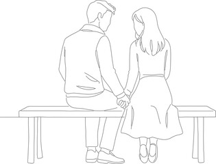 Minimalist Line Art Couple Sitting on Bench Holding Hands Illustration