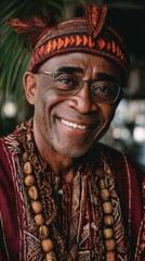 Obraz premium Smiling Man in Traditional Cultural Outfit with Unique Accessories Posing for Portrait in Natural Setting