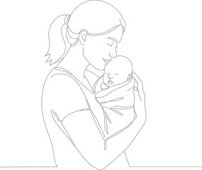 Minimalist Line Art Mother Holding Newborn Baby Infant Illustration