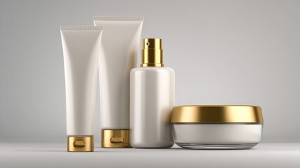 Four blank cosmetic containers in neutral tones with gold accents, on a gradient background