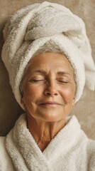 Woman Relaxing at Spa with Towel on Head, Enjoying Calming Treatment for Inner Peace and Wellness