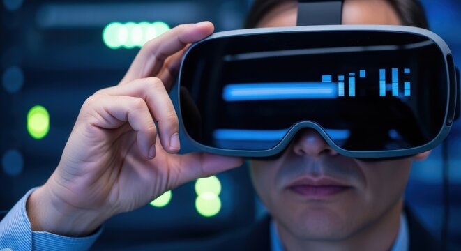 Asian male wearing vr headset exploring virtual reality technology in digital environment