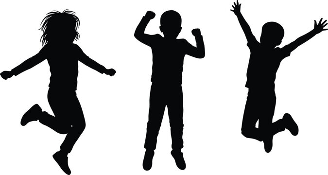 Three Children Silhouettes Jumping Joyfully kids, jumping, children, kids, silhouette, joy, happiness, celebration, movement, active, playful, energy, freedom, fun, childhood, isolated, white backgrou