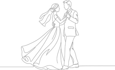 Elegant One Line Drawing Wedding Couple Dancing Romantic Moment Illustration