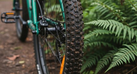 Close-up of mountain bike tire on forest trail