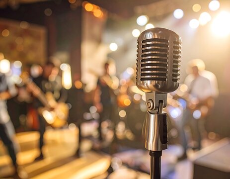 Vintage microphone on stage with blurred musicians