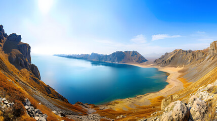 The Changbaishan Tianchi: A Majestic Volcanic Crater Lake on the China-North Korea Border in Jilin, China—Boasting Crystal-Clear Blue Water, Surrounded by Snow-Capped Peaks & Coniferous Forests, Ideal