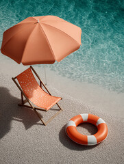 Obraz premium Orange beach umbrella and polka dot deckchair placed on sandy shore near crystal clear water with lifebuoy. Stylish summer relaxation scene with playful retro vibe.